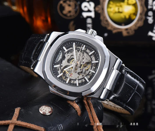 Longlux Men's Automatic Watch - Skeleton Dial & Leather Strap