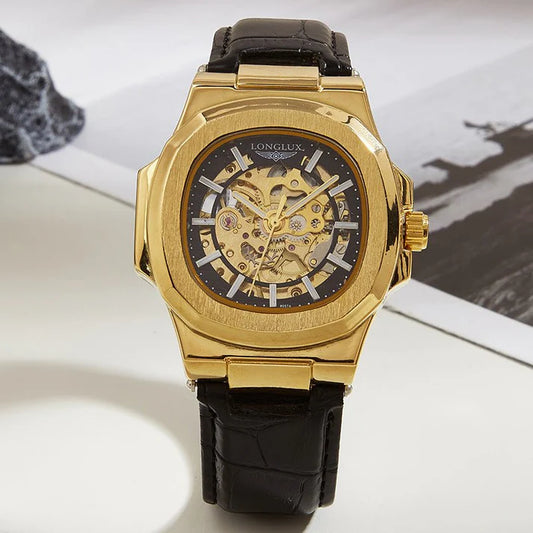 Longlux Men's Automatic Watch - Skeleton Dial & Leather Strap