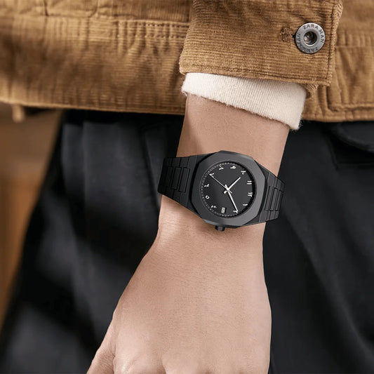 Modern Black Watch with Arabic Numerals - Stylish Minimalist Design