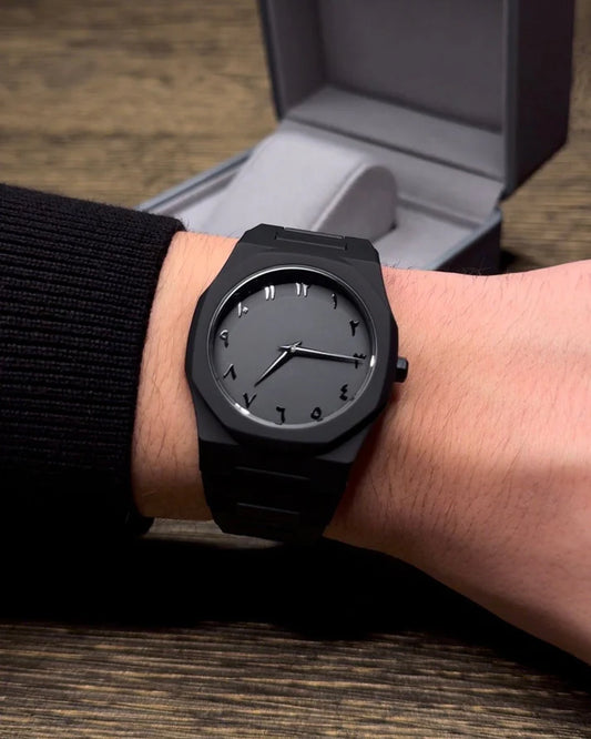 Modern Black Watch with Arabic Numerals - Stylish Minimalist Design